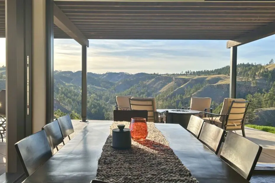 Open patio of a luxury custom home overlooking the Black Hills