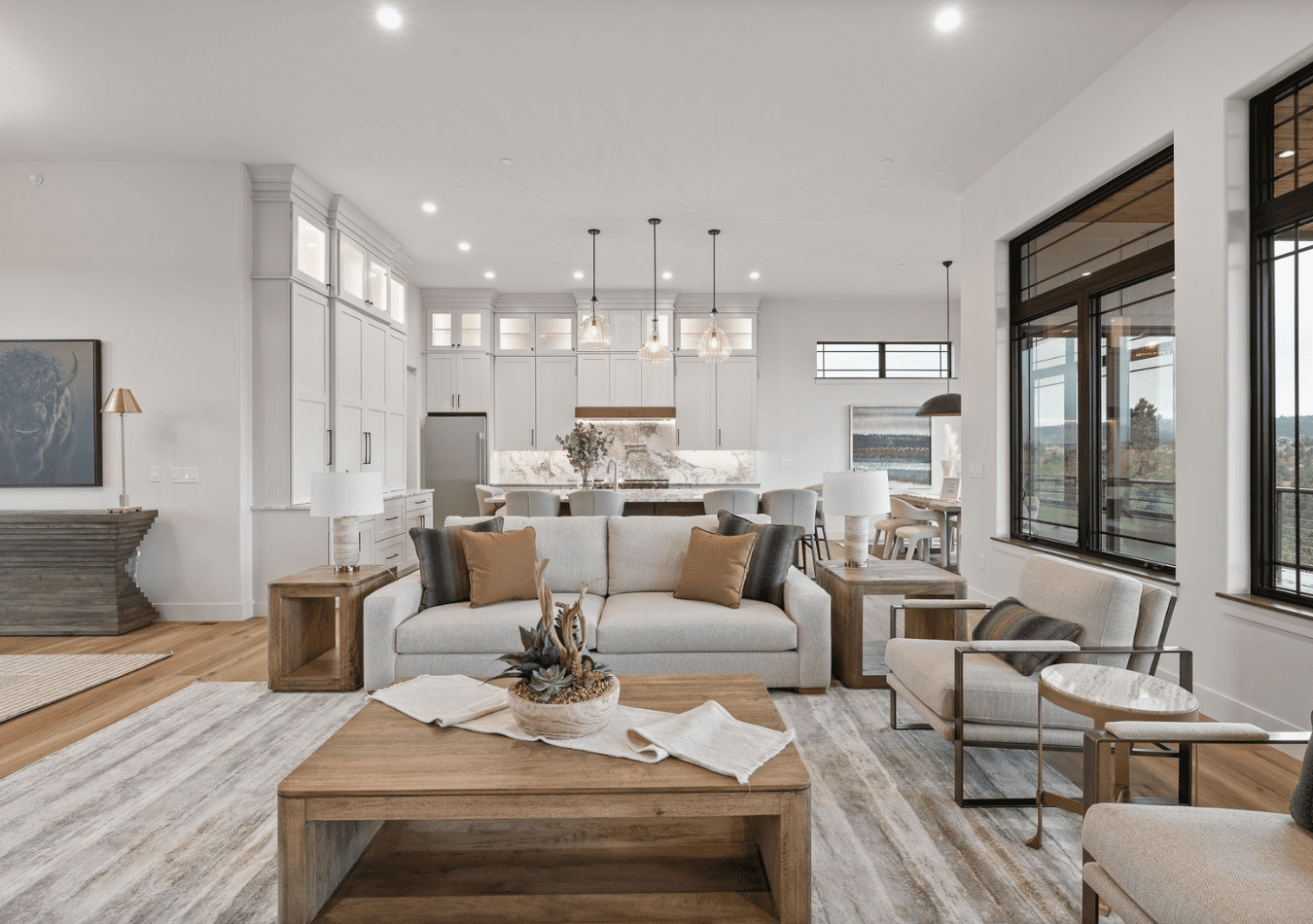 Custom home, Cloud Peak, living room with connected kitchen