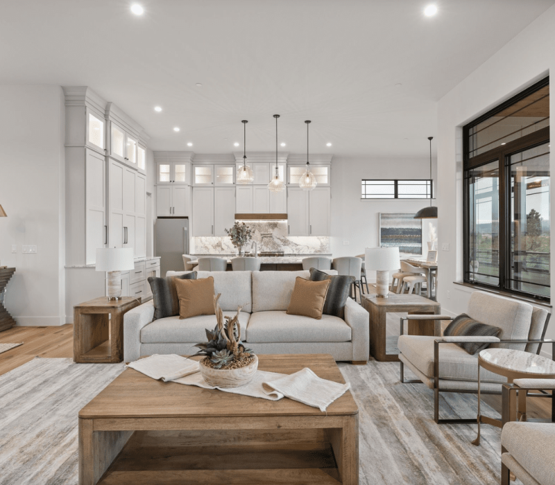 Custom home, Cloud Peak, living room with connected kitchen